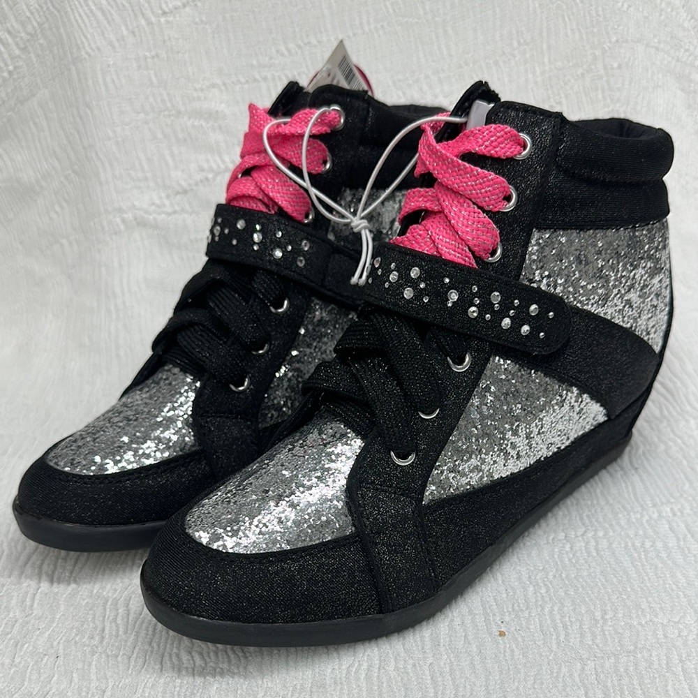 Justice Black and Silver Wedge High-Top Sneakers with Glitter 3way Lace​
